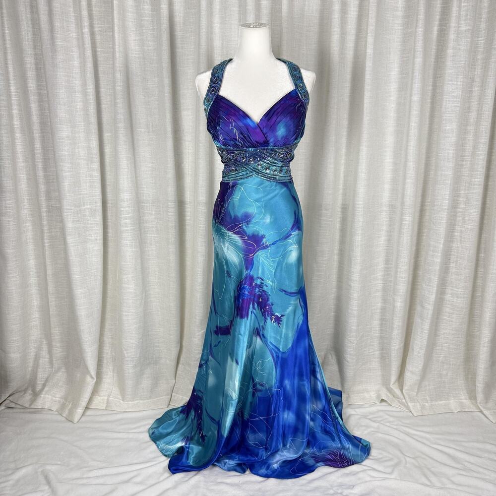 NV Couture Blue Beaded Floral Maxi Formal Dress Size 14